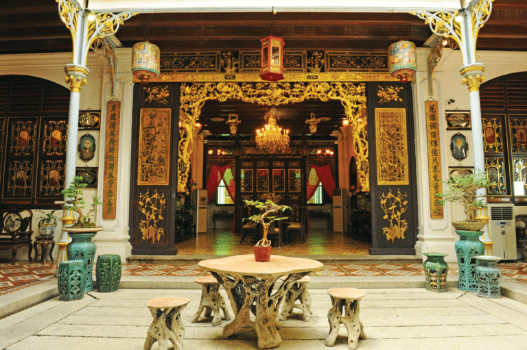 Facade of a traditional Baba Nyonya heritage building showcasing Straits eclectic style in George Town, Penang