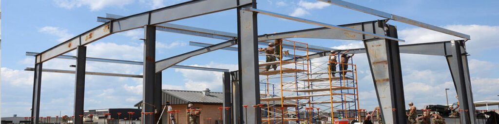 Steel framework of a large pre-engineered building under construction